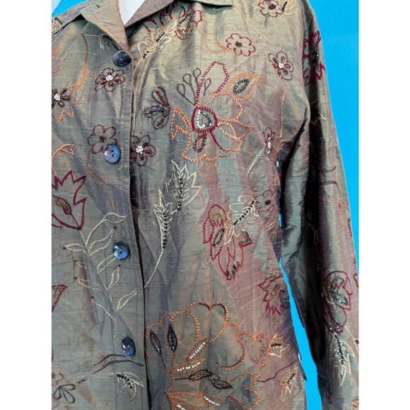 Chico's Design Jacket Embroidered Beaded 100% SILK Unlined Button Close 1 M 8 - Picture 6 of 7